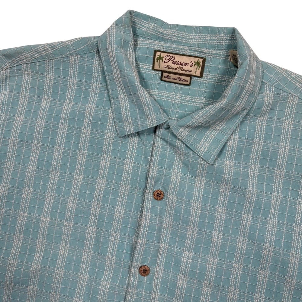 Pussers Island Button Shirt Men L Bluish Teal SILK BLEND Loop Collar Textured
